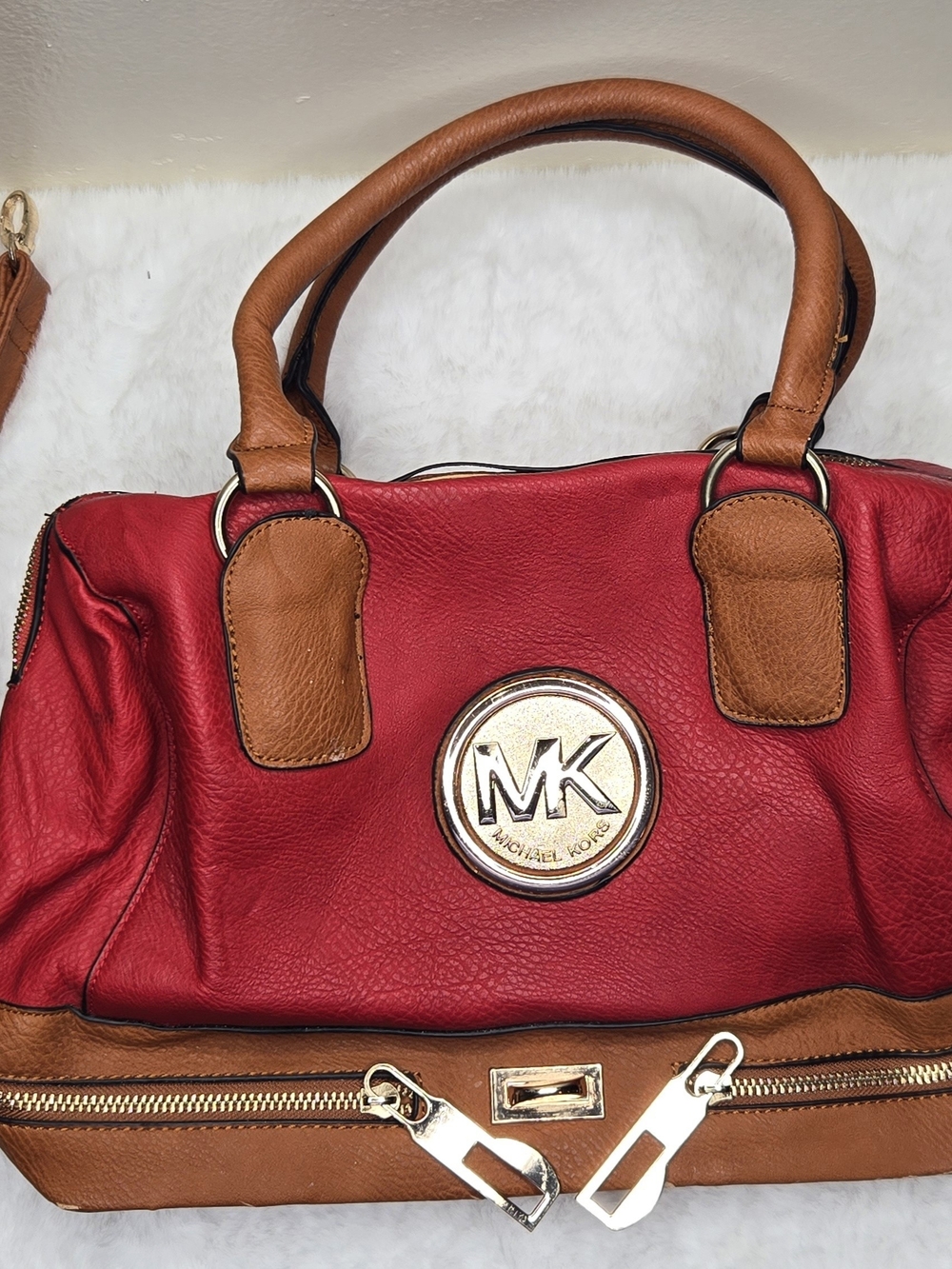 Michael Kors Red and Tan Leather Satchel with Gold MK Emblem